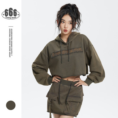 Retro Washed Hooded Sweatshirt Women's Niche Navel Short Jacket W275