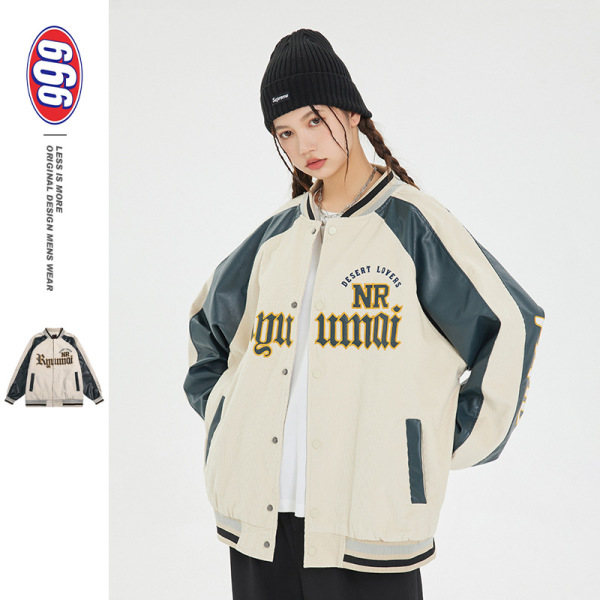 Casual letter embroidery stitching PU leather baseball uniform for men and women