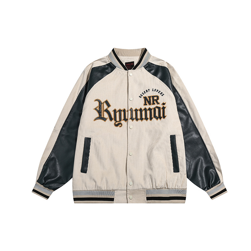 Casual letter embroidery stitching PU leather baseball uniform for men and women