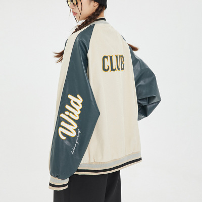 Casual letter embroidery stitching PU leather baseball uniform for men and women