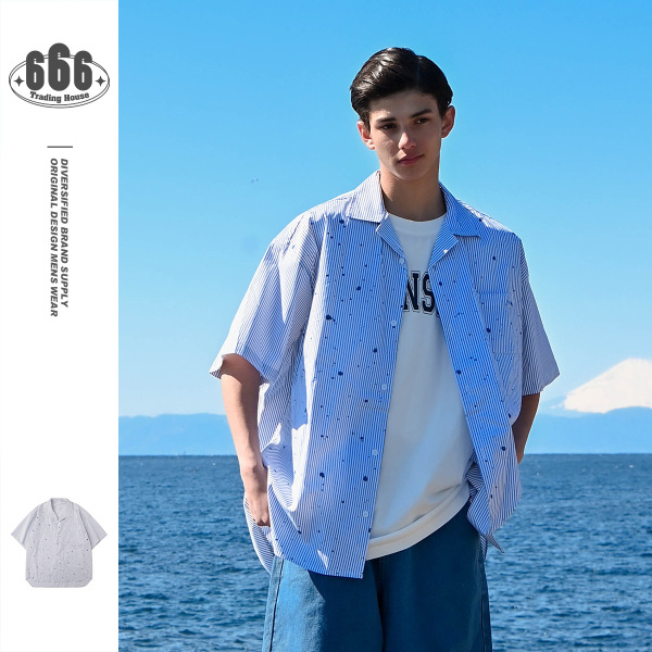 Cuban collar striped Shirt Boys loose splash ink printed short sleeve shirt RC17