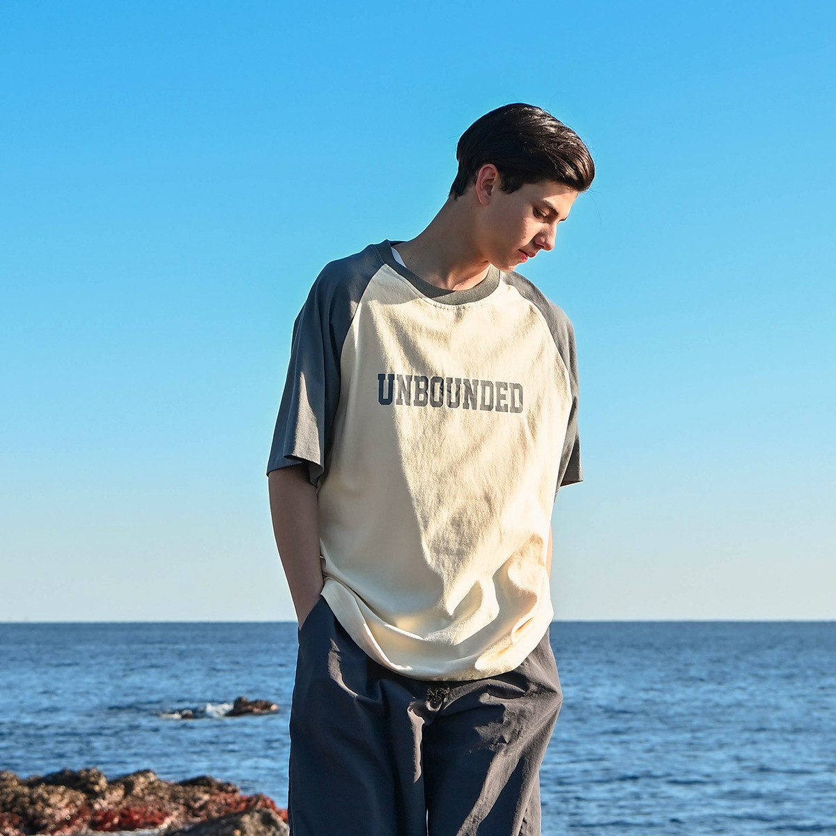 Preppy style Insert shoulder sleeve Short sleeve T-shirt Boys loose summer RT15