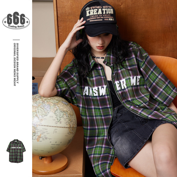 Retro plaid loose short-sleeved shirt men's and women's college wind jacket CS64