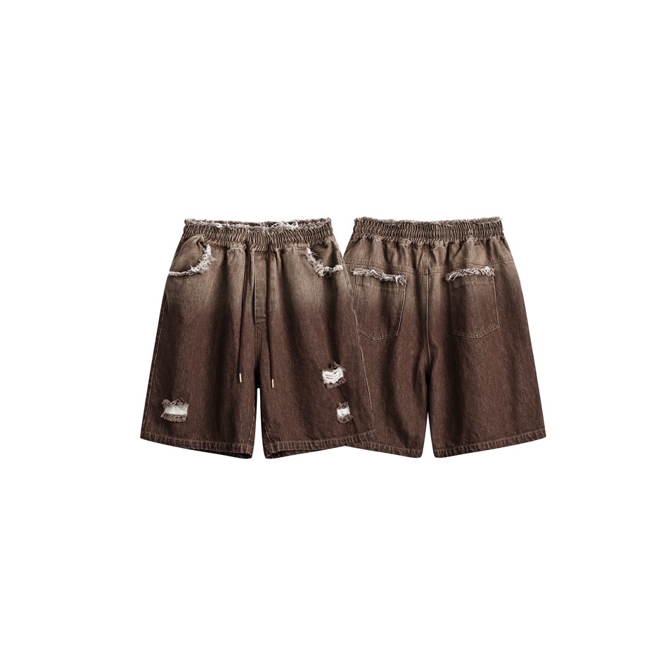 Retro raw edge washed denim shorts men's personality loose cropped pants K28