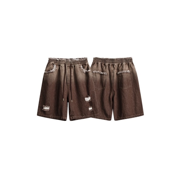 Retro raw edge washed denim shorts men's personality loose cropped pants K28