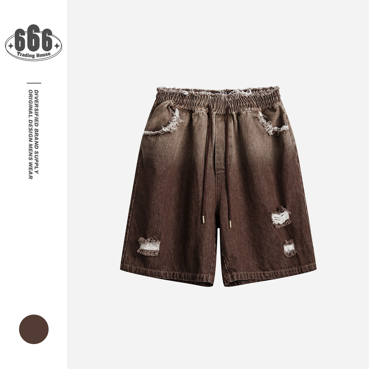 Retro raw edge washed denim shorts men's personality loose cropped pants K28