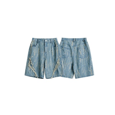 Retro Washed Denim Shorts Men's Loose Straight Summer Cropped Pants K25