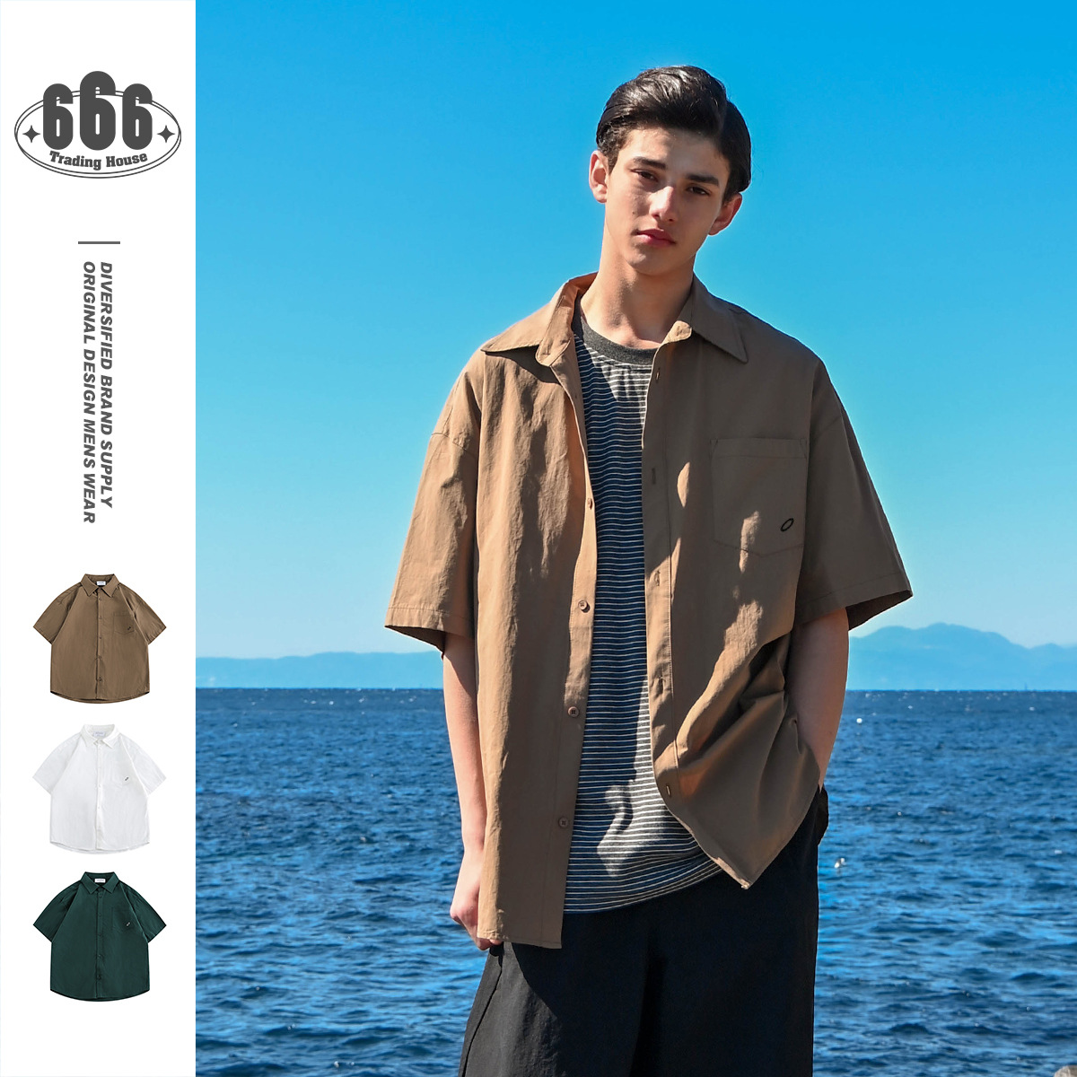 Vintage Pocket Embroidery Tooling Shirt Men's loose short sleeve Shirt Tide RC36