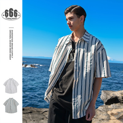 Vintage striped shirt men's loose niche tide brand short sleeve shirt thin RC37