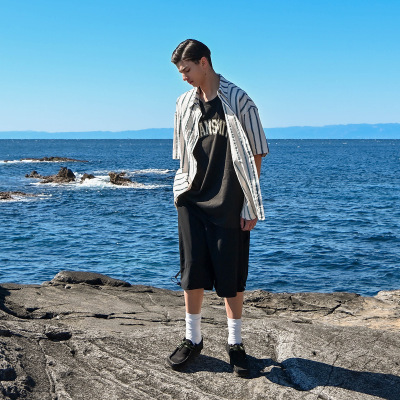 Vintage striped shirt men's loose niche tide brand short sleeve shirt thin RC37