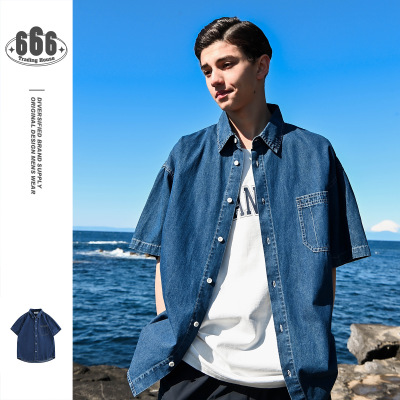 Vintage Tooling Pocket Denim Shirt Men's loose washed Short sleeve Shirt RC31