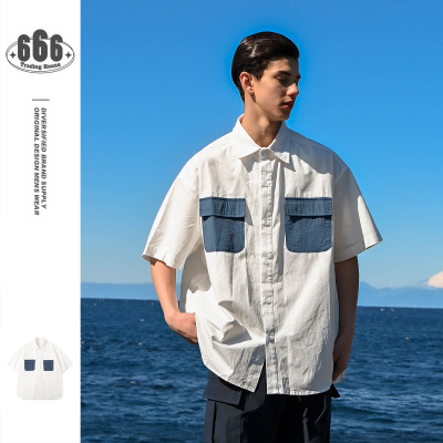 Patchwork Pocket Cargo Shirt Men's loose casual Short sleeve Shirt RC18